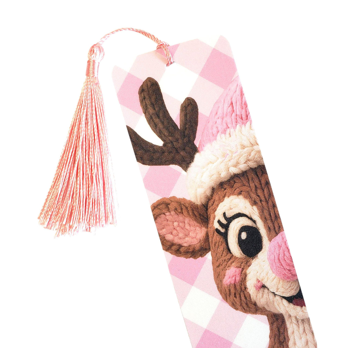 Christmas Bookmark Set, double-sided, reindeer, Santa Claus, snowman and gingerbread man, pink tassel