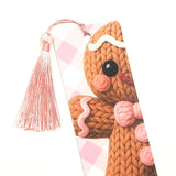 Christmas Bookmark Set, double-sided, reindeer, Santa Claus, snowman and gingerbread man, pink tassel