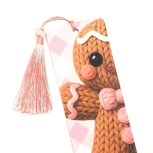Christmas Bookmark Set, double-sided, reindeer, Santa Claus, snowman and gingerbread man, pink tassel