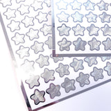 Silver Star Stickers, set of 70 small chrome silver metallic kawaii stars for cards, envelopes, invitations, laptops and crafts.