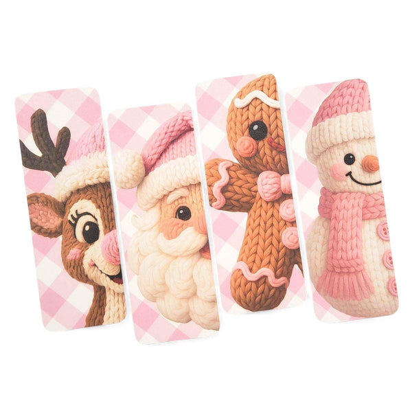 Set of 4 double-sided Christmas bookmarks. Set includes a reindeer, snowman, Santa Claus and gingerbread man bookmark.