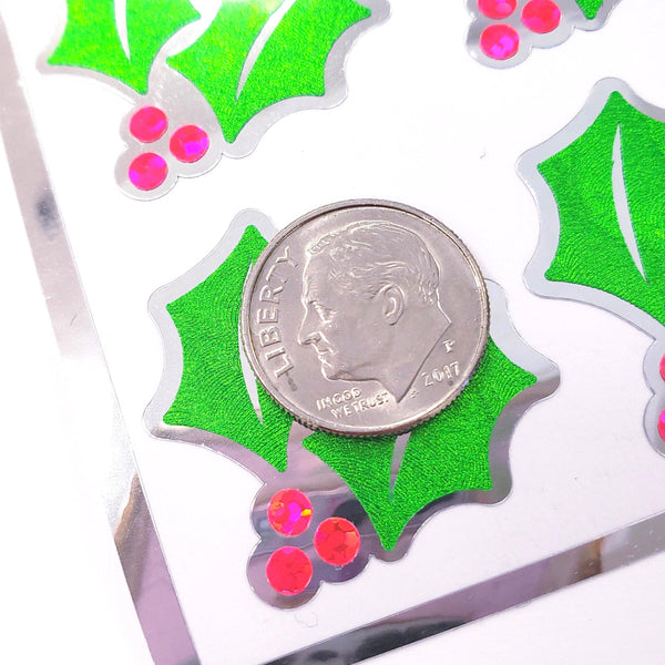 Pink Christmas Holly Stickers, set of 20 sparkly berry and green holly leaf stickers for holiday decor, gift tags and cards. Silver outline.