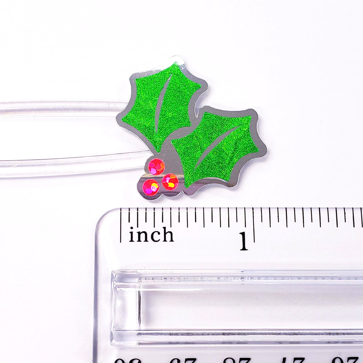 Pink Christmas Holly Stickers, set of 20 sparkly berry and green holly leaf stickers for holiday decor, gift tags and cards. Silver outline.