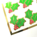 Pink Christmas Holly Stickers, set of 20 sparkly berry and green holly leaf stickers for holiday decor, gift tags and cards. Silver outline.