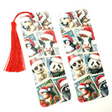 Christmas Postage Stamps Bookmark, cow dog reindeer panda and raccoon, holiday bookmark with tassel