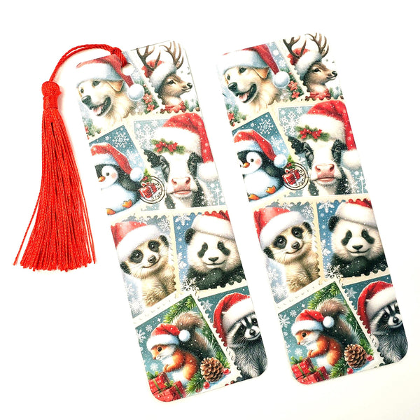 Christmas Postage Stamps Bookmark, cow dog reindeer panda and raccoon, holiday bookmark with tassel