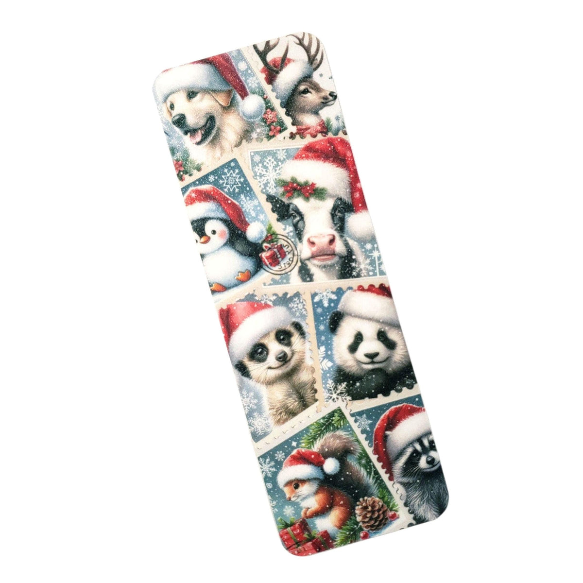 Christmas Postage Stamps Bookmark, cow dog reindeer panda and raccoon, holiday bookmark with tassel