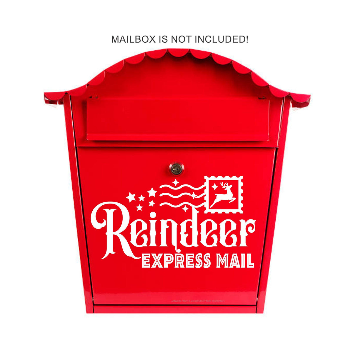 red mailbox with reindeer express mail decal in white.
