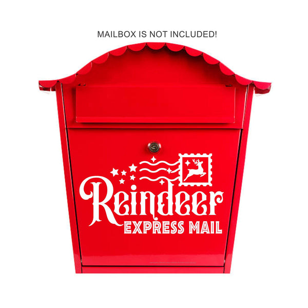 red mailbox with reindeer express mail decal in white.