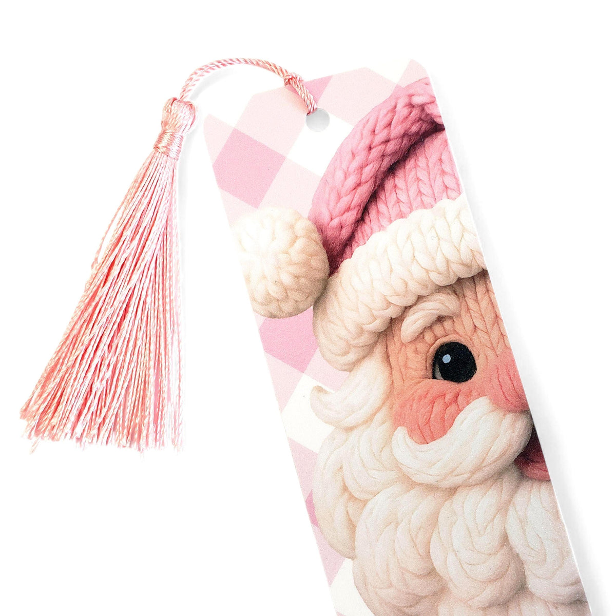 Christmas Bookmark Set, double-sided, reindeer, Santa Claus, snowman and gingerbread man, pink tassel