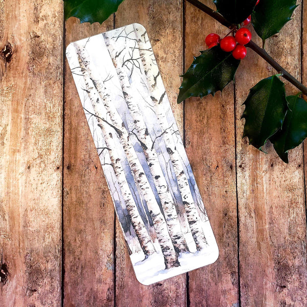 Birch Tree Bookmark, double sided printed cardstock bookmark with tassel, winter woodland landscape.