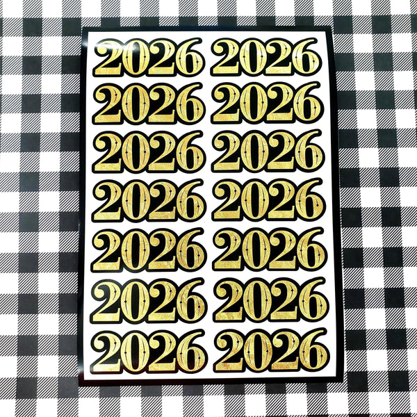 2026 Stickers for New Year's Eve Envelopes, Scrapbooking and Journals, black and gold