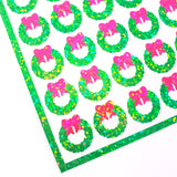 Christmas Wreath Stickers, set of 48 small green and pink wreath stickers for holiday decor, card envelopes, ornaments, gift tags and crafts