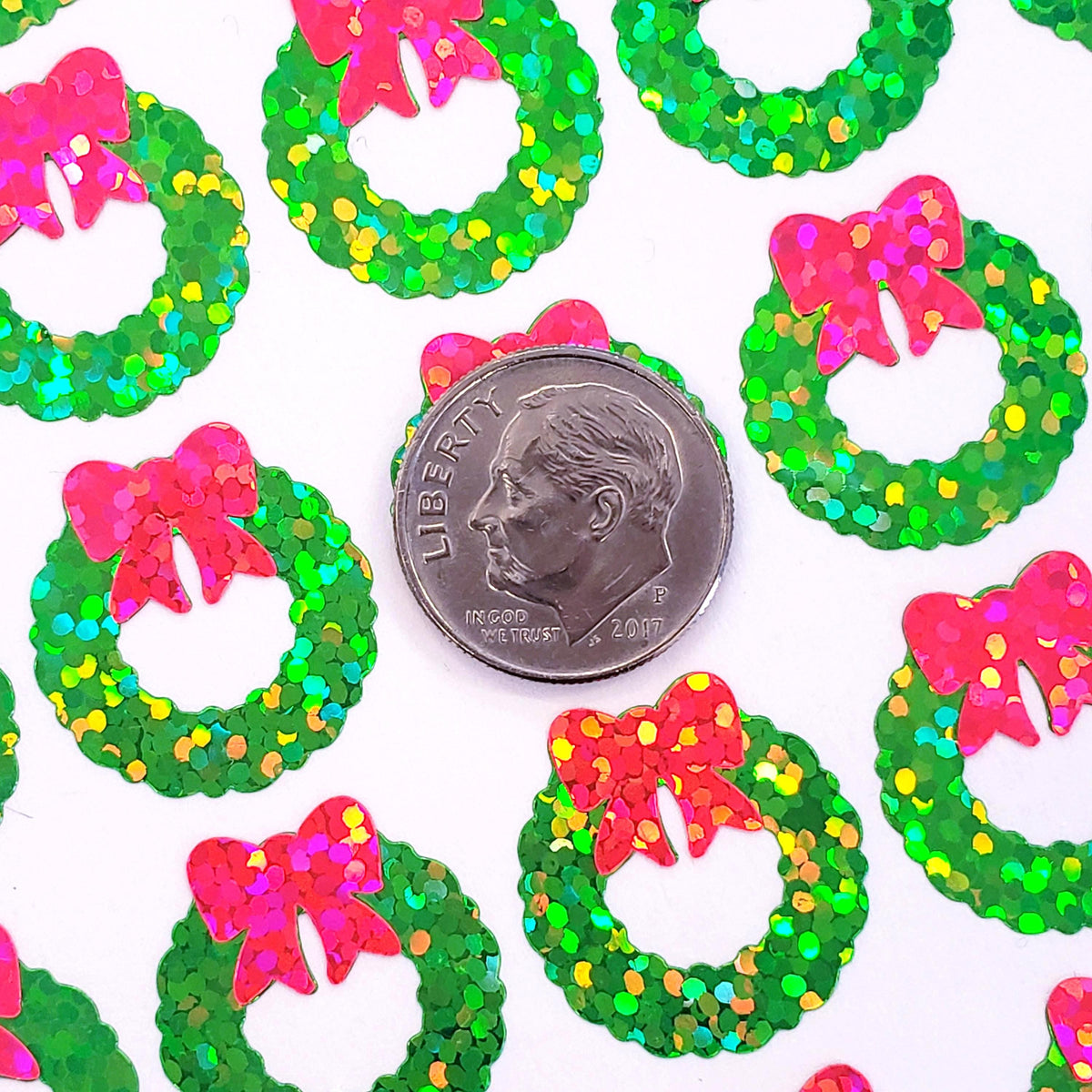 Christmas Wreath Stickers, set of 48 small green and pink wreath stickers for holiday decor, card envelopes, ornaments, gift tags and crafts