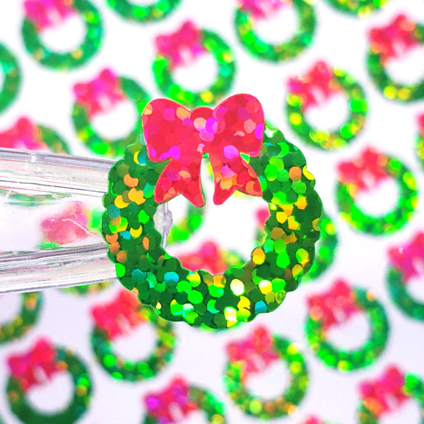 Christmas Wreath Stickers, set of 48 small green and pink wreath stickers for holiday decor, card envelopes, ornaments, gift tags and crafts