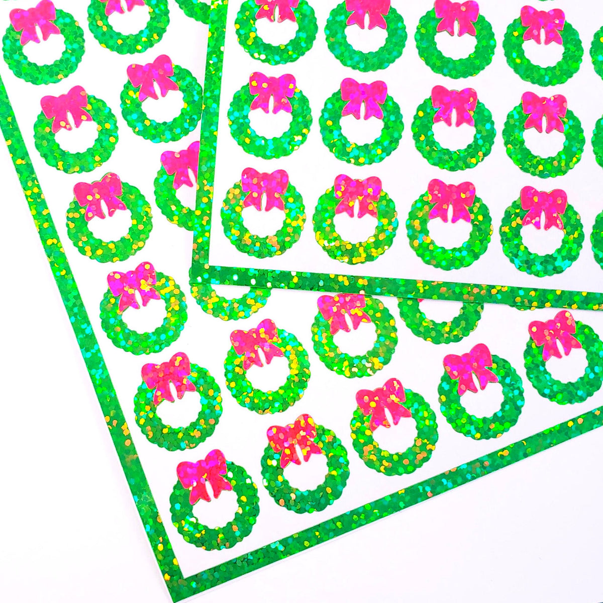 Christmas Wreath Stickers, set of 48 small green and pink wreath stickers for holiday decor, card envelopes, ornaments, gift tags and crafts