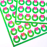 Christmas Wreath Stickers, set of 48 small green and pink wreath stickers for holiday decor, card envelopes, ornaments, gift tags and crafts