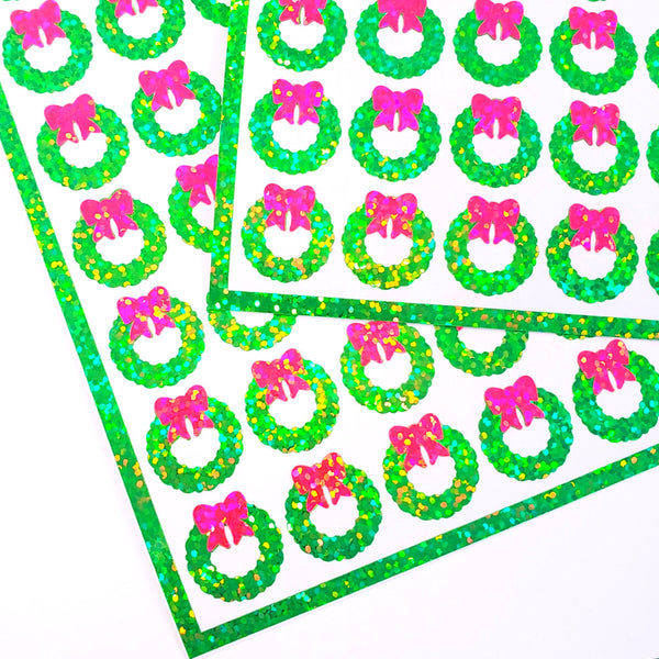Christmas Wreath Stickers, set of 48 small green and pink wreath stickers for holiday decor, card envelopes, ornaments, gift tags and crafts