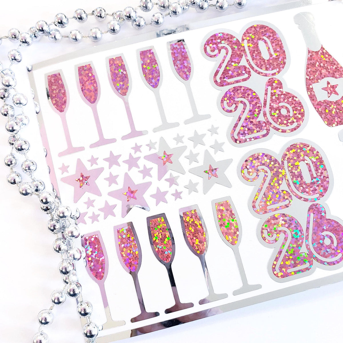 New Year 2026 Pink and Gold Champagne Sticker Sheet – Sparkly Planner Stickers