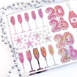 New Year 2026 Pink and Gold Champagne Sticker Sheet – Sparkly Planner Stickers