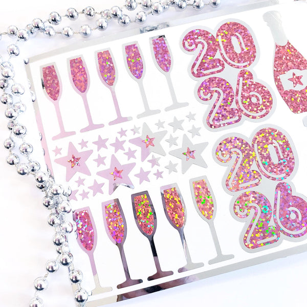 New Year 2026 Pink and Gold Champagne Sticker Sheet – Sparkly Planner Stickers