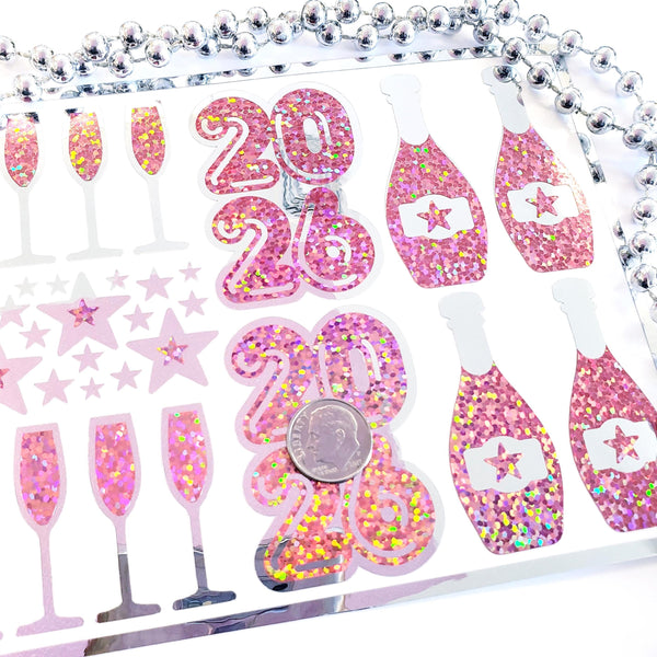 2026 Pink and Silver Champagne Sticker Sheet – Sparkly New Year Planner Stickers