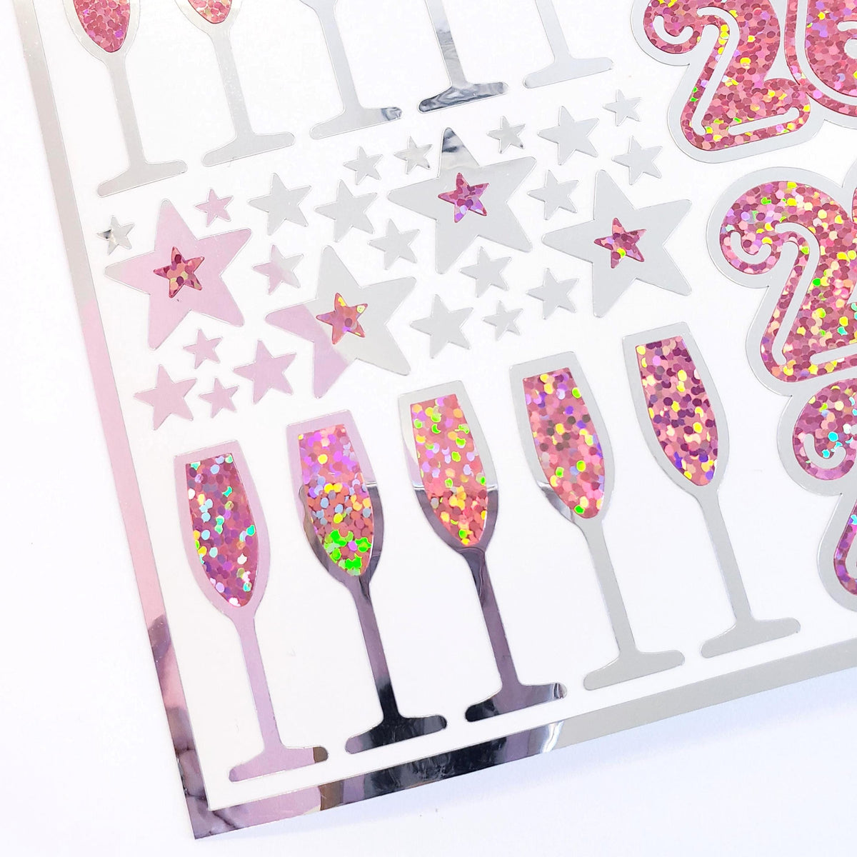 2026 Pink and Silver Champagne Sticker Sheet – Sparkly New Year Planner Stickers