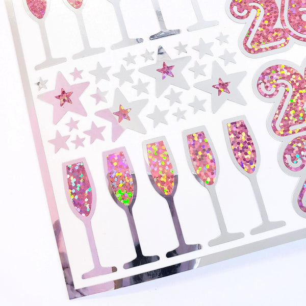 2026 Pink and Silver Champagne Sticker Sheet – Sparkly New Year Planner Stickers