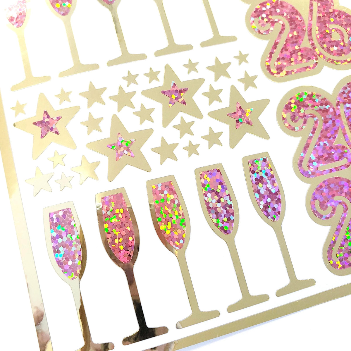 New Year 2026 Pink and Gold Champagne Sticker Sheet – Sparkly Planner Stickers