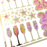 New Year 2026 Pink and Gold Champagne Sticker Sheet – Sparkly Planner Stickers