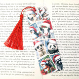 Christmas Postage Stamps Bookmark, cow dog reindeer panda and raccoon, holiday bookmark with tassel