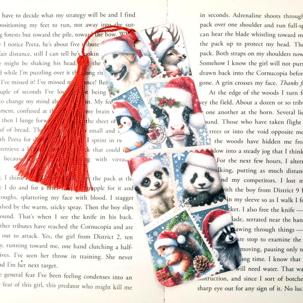 Christmas Postage Stamps Bookmark, cow dog reindeer panda and raccoon, holiday bookmark with tassel