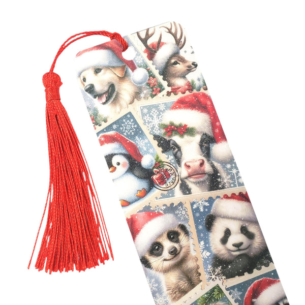 Christmas Postage Stamps Bookmark, cow dog reindeer panda and raccoon, holiday bookmark with tassel