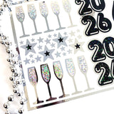 2026 Black and Silver Champagne Sticker Sheet – Sparkly New Year Planner Stickers