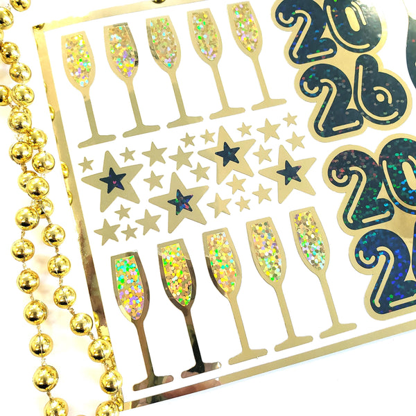 2026 Black and Gold Champagne Sticker Sheet – Sparkly New Year Planner Stickers