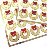Christmas Wreath Stickers, set of 20 small gold and red decals for holiday envelopes and gift tags.