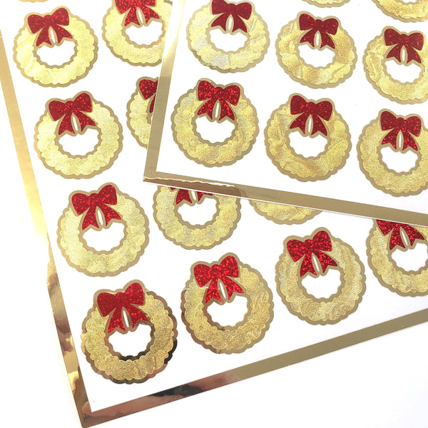 Christmas Wreath Stickers, set of 20 small gold and red decals for holiday envelopes and gift tags.