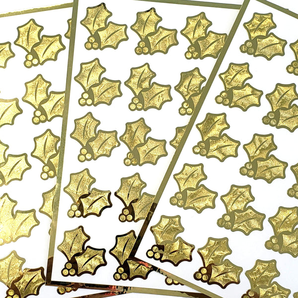 Gold Holly Leaf Stickers, Elegant Christmas Decor, Set of 20