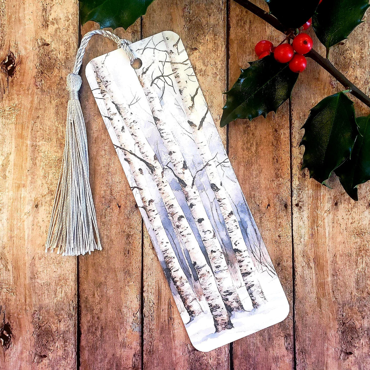 Birch Tree Bookmark, double sided printed cardstock bookmark with tassel, winter woodland landscape.