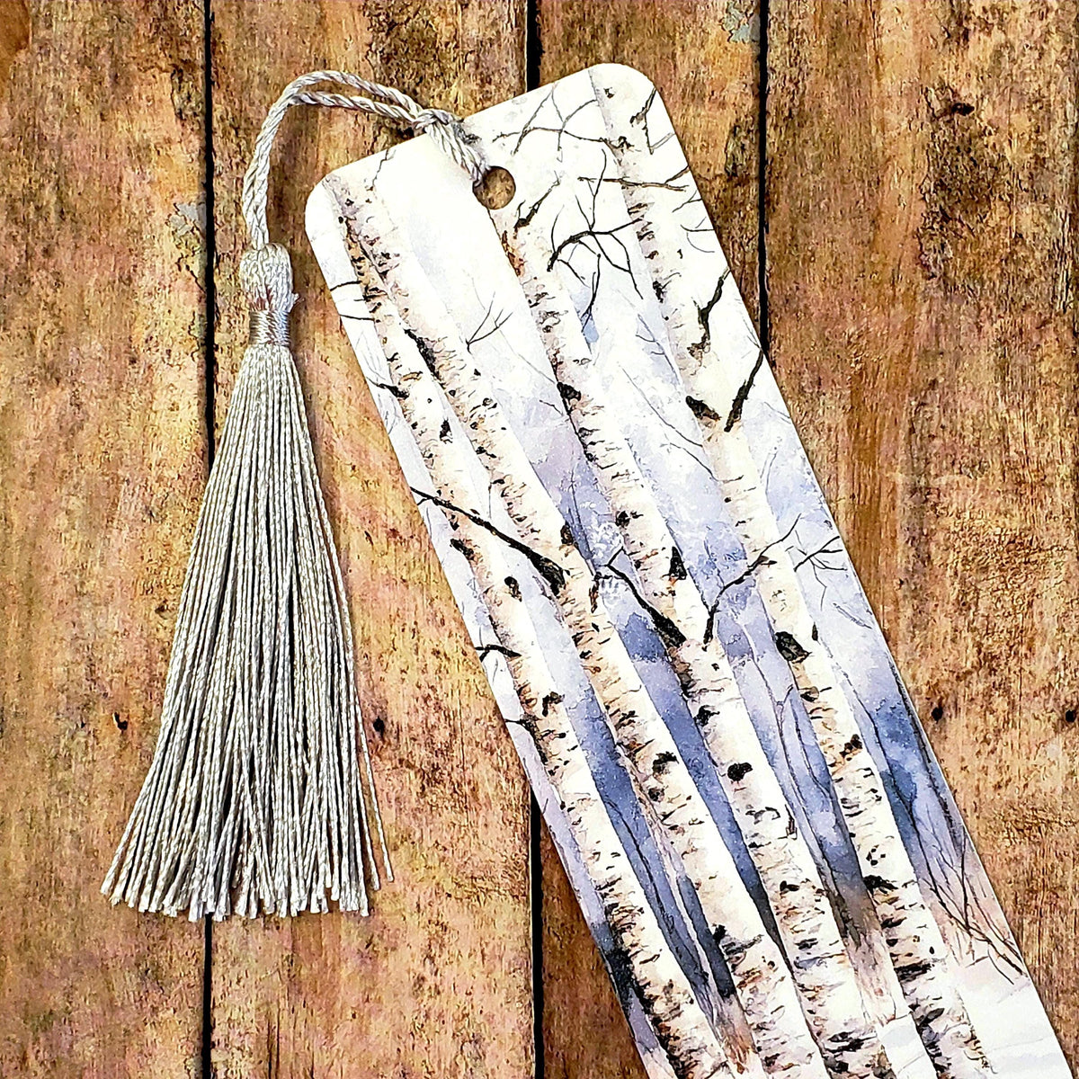 Birch Tree Bookmark, double sided printed cardstock bookmark with tassel, winter woodland landscape.