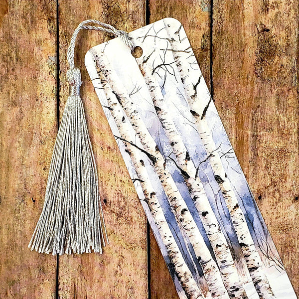 Birch Tree Bookmark, double sided printed cardstock bookmark with tassel, winter woodland landscape.