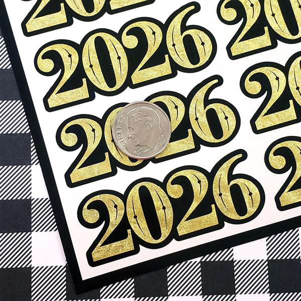 2026 Stickers for New Year's Eve Envelopes, Scrapbooking and Journals, black and gold
