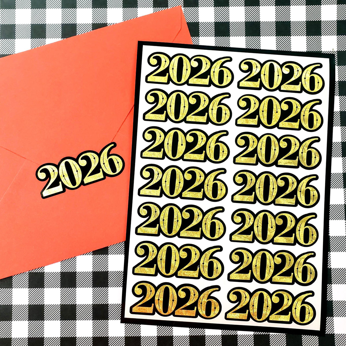2026 Stickers for New Year's Eve Envelopes, Scrapbooking and Journals, black and gold