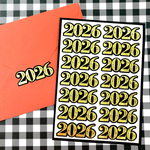 2026 Stickers for New Year's Eve Envelopes, Scrapbooking and Journals, black and gold