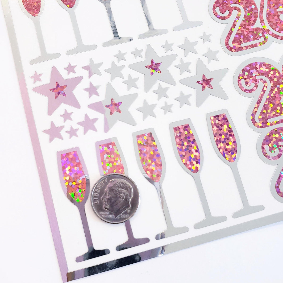 2026 Pink and Silver Champagne Sticker Sheet – Sparkly New Year Planner Stickers