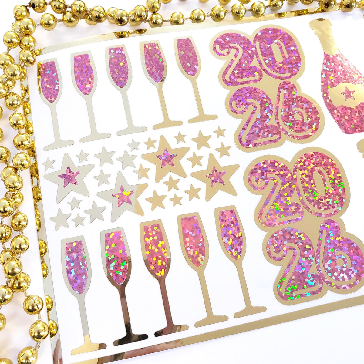New Year 2026 Pink and Gold Champagne Sticker Sheet – Sparkly Planner Stickers