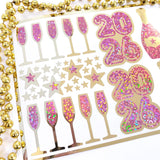 New Year 2026 Pink and Gold Champagne Sticker Sheet – Sparkly Planner Stickers