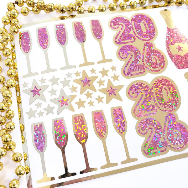 New Year 2026 Pink and Gold Champagne Sticker Sheet – Sparkly Planner Stickers