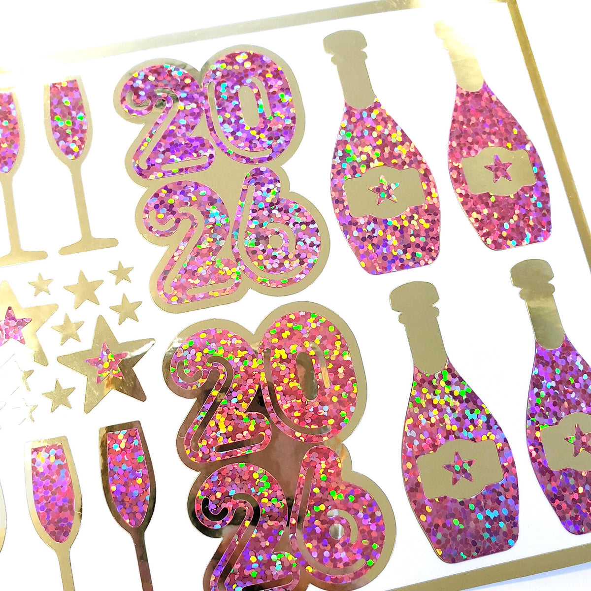 New Year 2026 Pink and Gold Champagne Sticker Sheet – Sparkly Planner Stickers