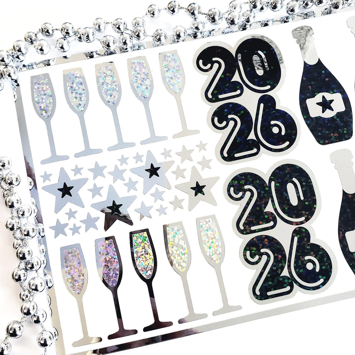 2026 Black and Silver Champagne Sticker Sheet – Sparkly New Year Planner Stickers